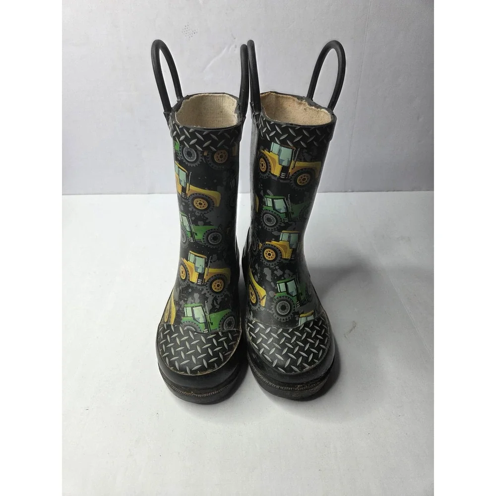 Western‎ Chief Boys Tractor Print Rubber Rain Boots Black Green Yellow Size 7/8